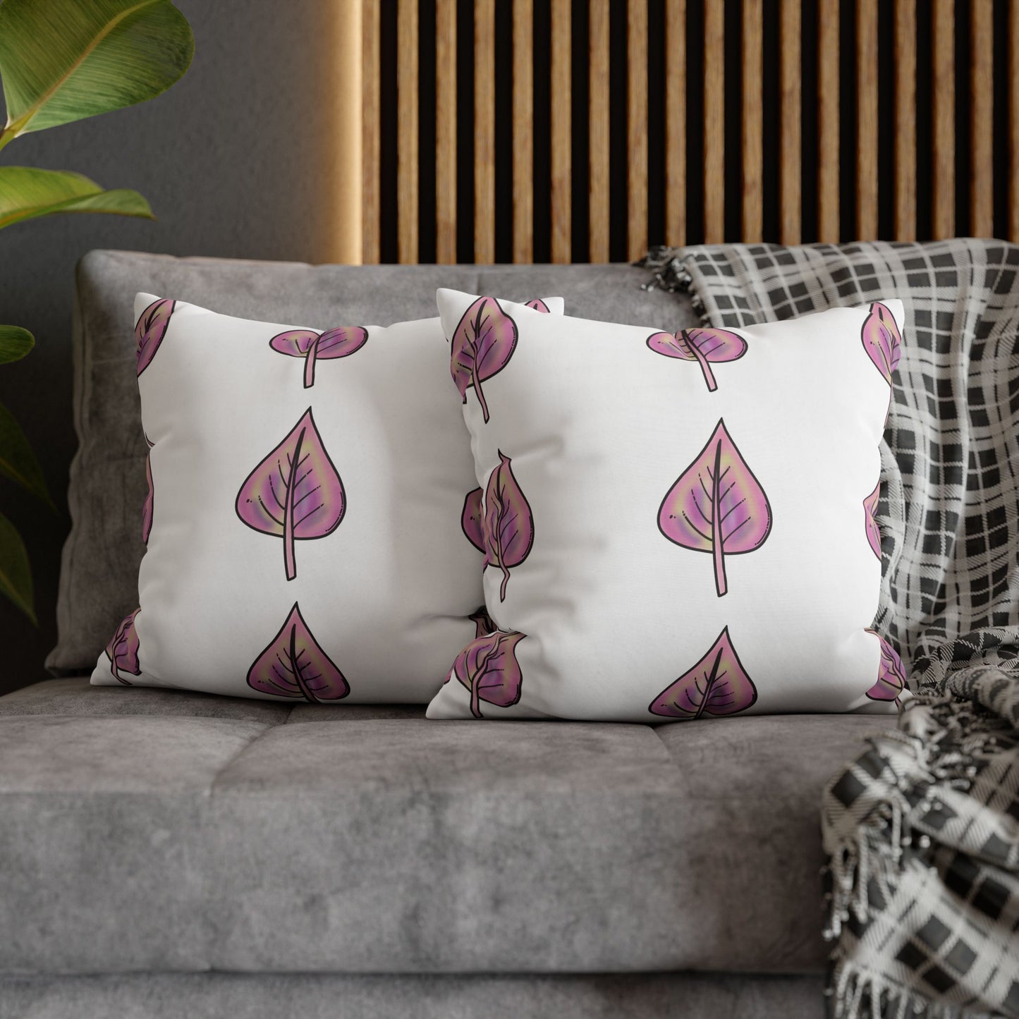 Pink with Yellow Hue Leaves Square Poly Canvas Pillowcase