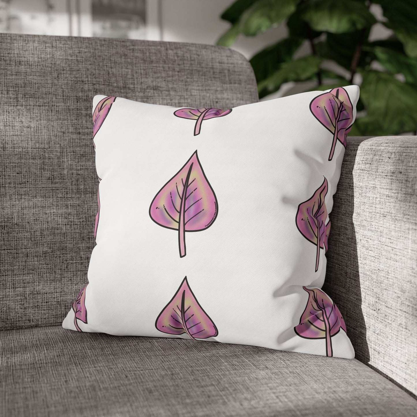 Pink with Yellow Hue Leaves Square Poly Canvas Pillowcase