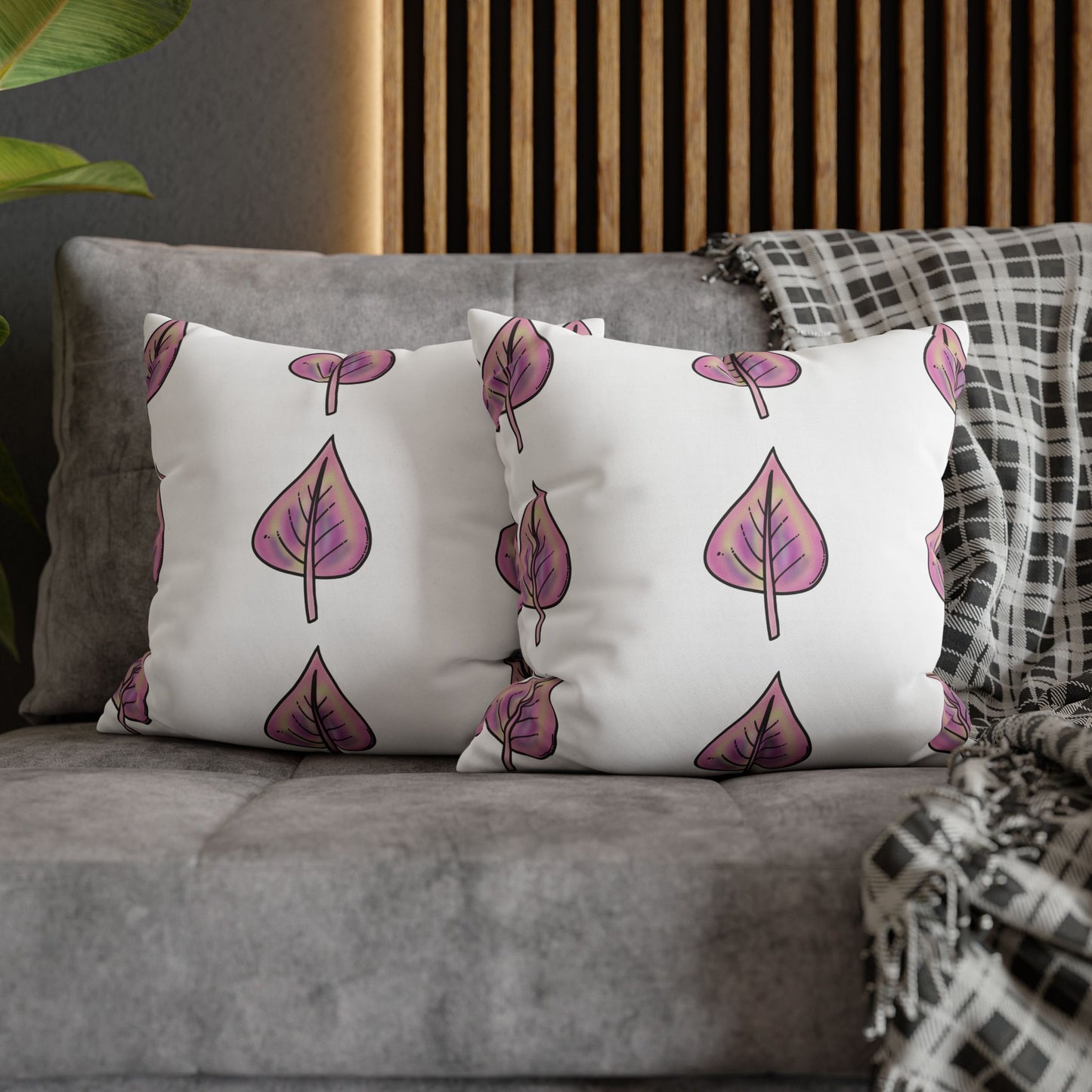 Pink with Yellow Hue Leaves Square Poly Canvas Pillowcase