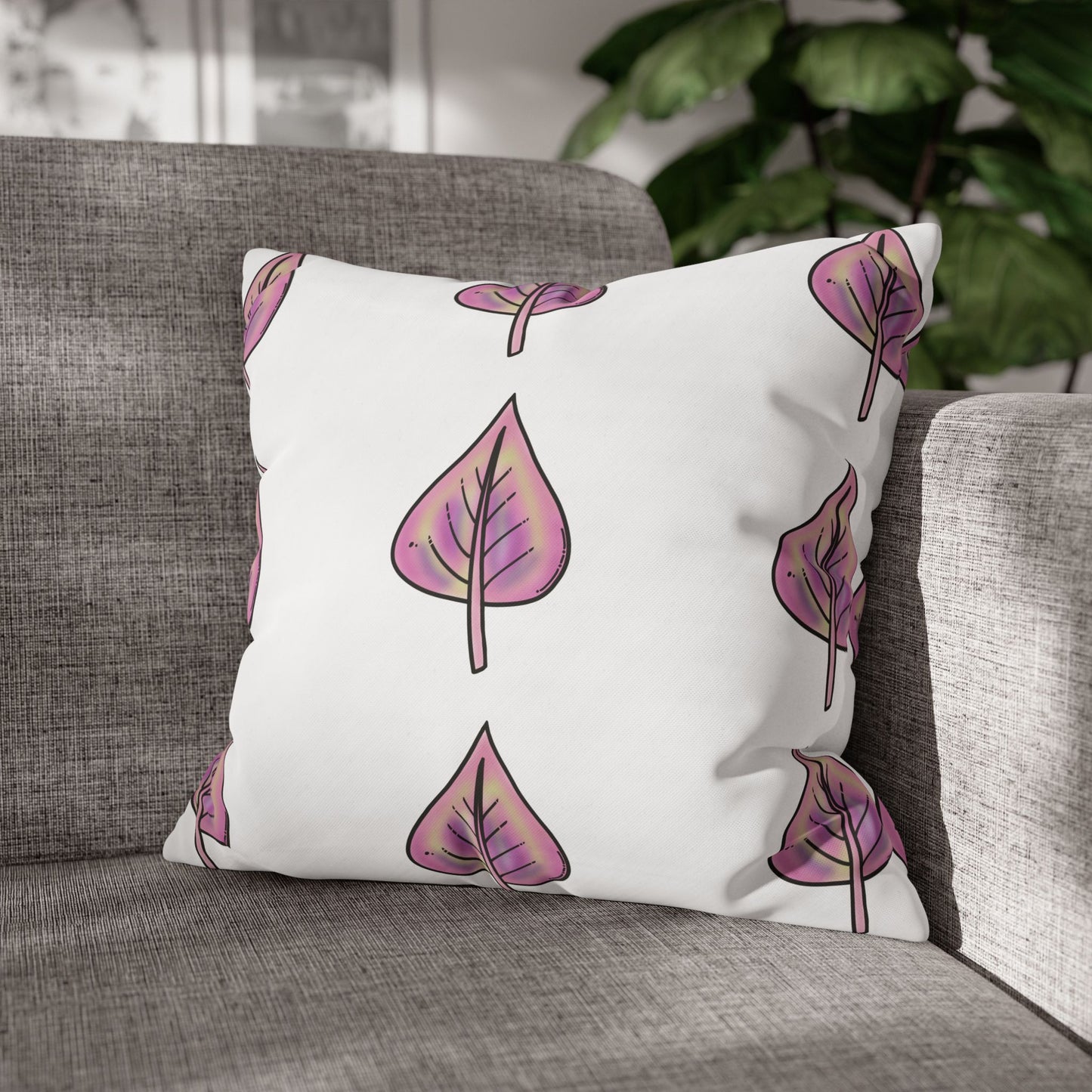 Pink with Yellow Hue Leaves Square Poly Canvas Pillowcase